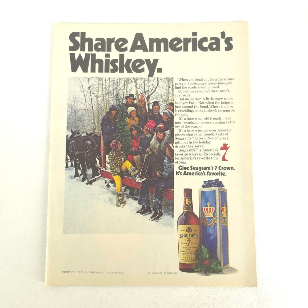 Seagram's 7 Crown Whiskey Print Ad Vintage Holiday Snow Western Wall Art Decor